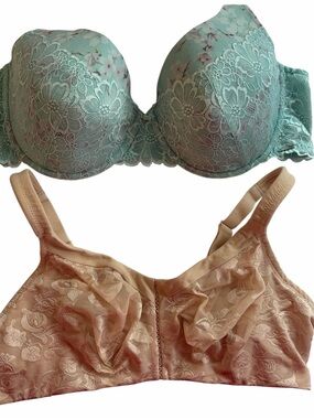 plus size Women moulded Lace Bra and Support Bra Set Mint & Nude size42D & 44D